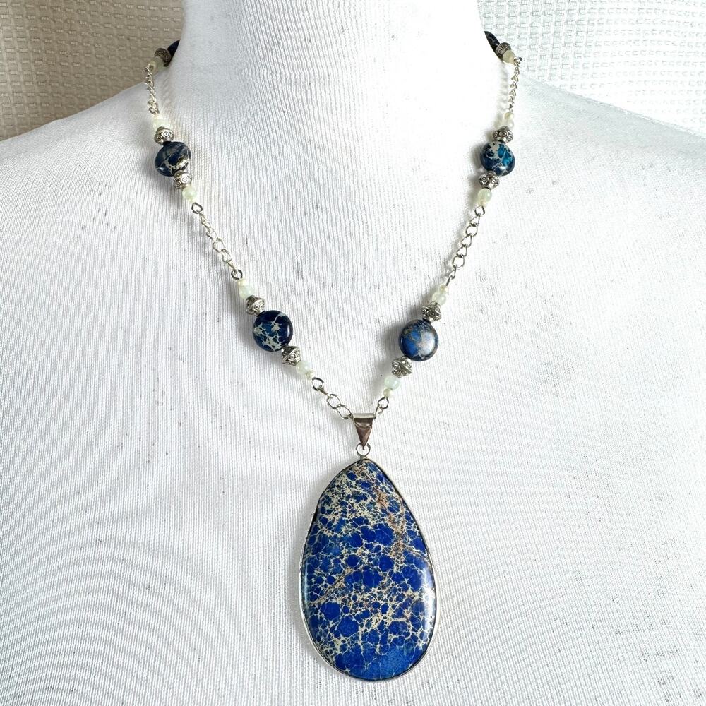 Teardrop Gemstone Pendant Necklace Dark Blue Jasper Splatter Bead Silver Tone